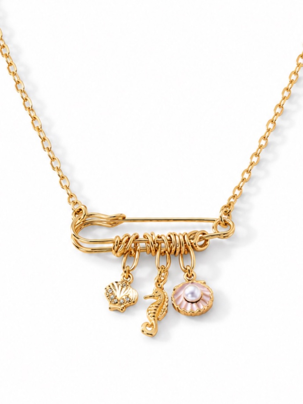 New! Coastal Gold Safety Pin Shell Charm Necklace NWOT 3041 - Picture 2 of 3
